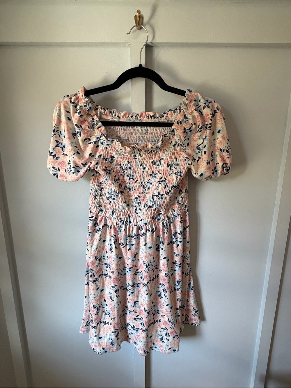 BCBGirls Pink Floral Smocked Puff Sleeve Dress with Navy Accents